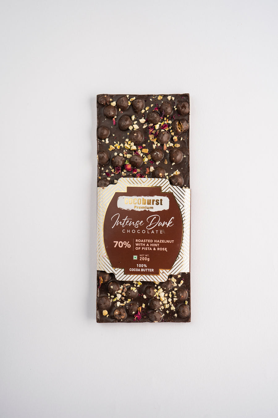 Intense Dark Chocolate with Roasted Hazelnuts with a Hint of Pista & Rose - 200gms