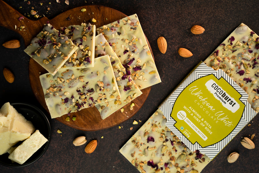 Wholesome White Chocolate with Roasted Almond & Pista with a Hint of Rose - 200gms