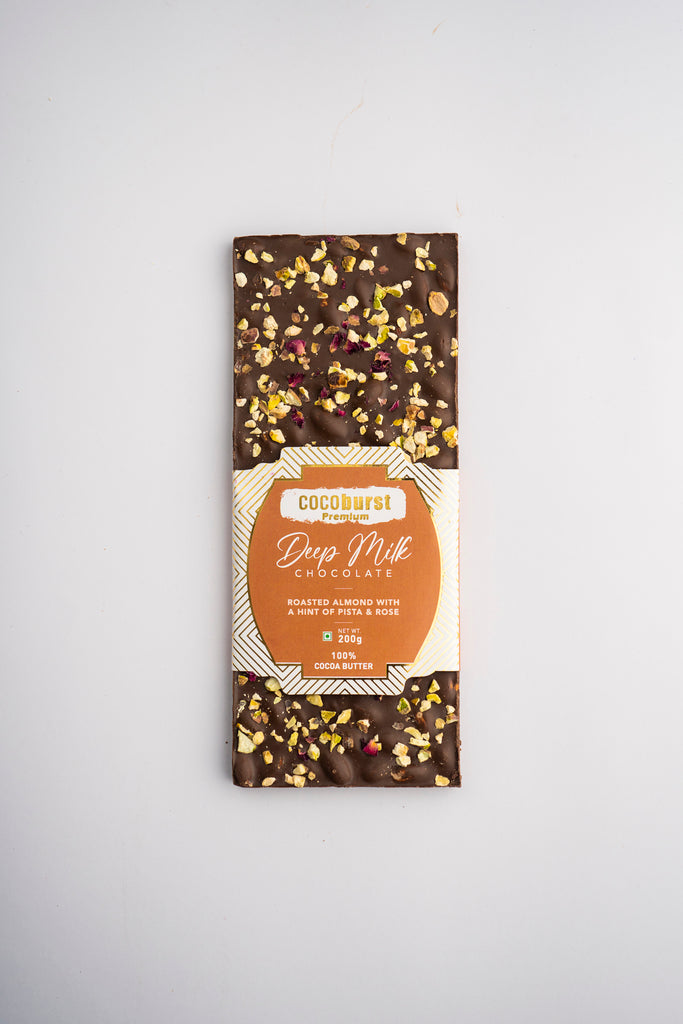 Deep Milk Chocolate with Roasted Almonds & a Hint of Pista & Rose - 200gms